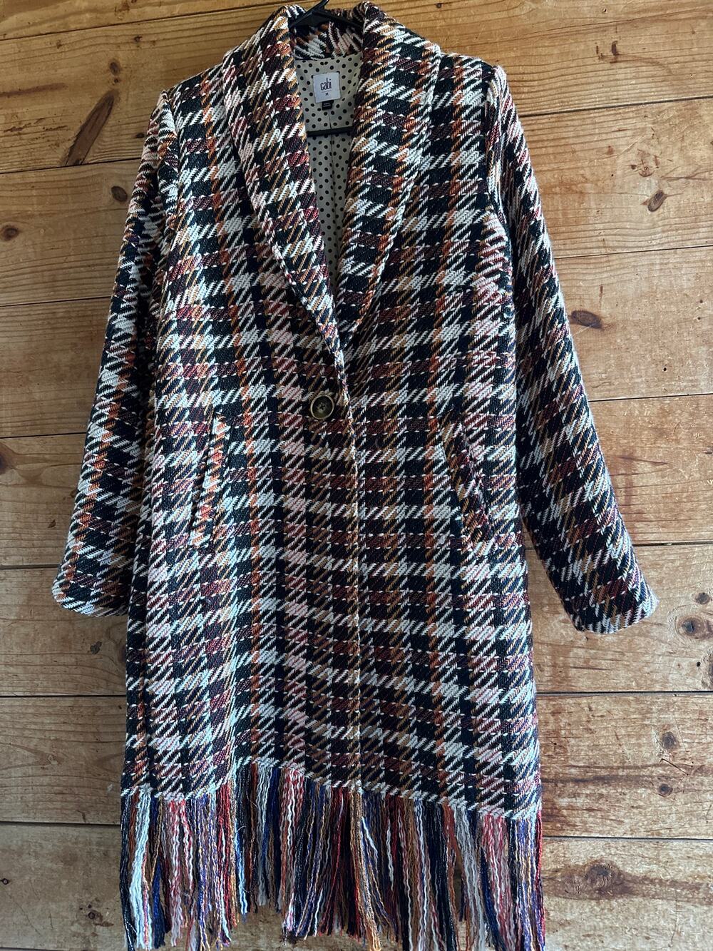 Cabi Coat Jacket Multicolor Fringe Hem One Button Front